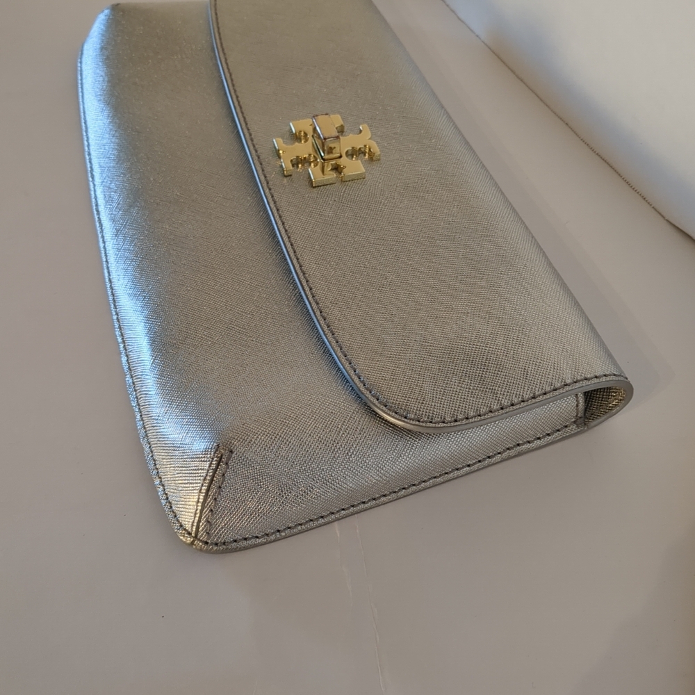 Tory Burch Silver Metallic Clutch with Gold Logo